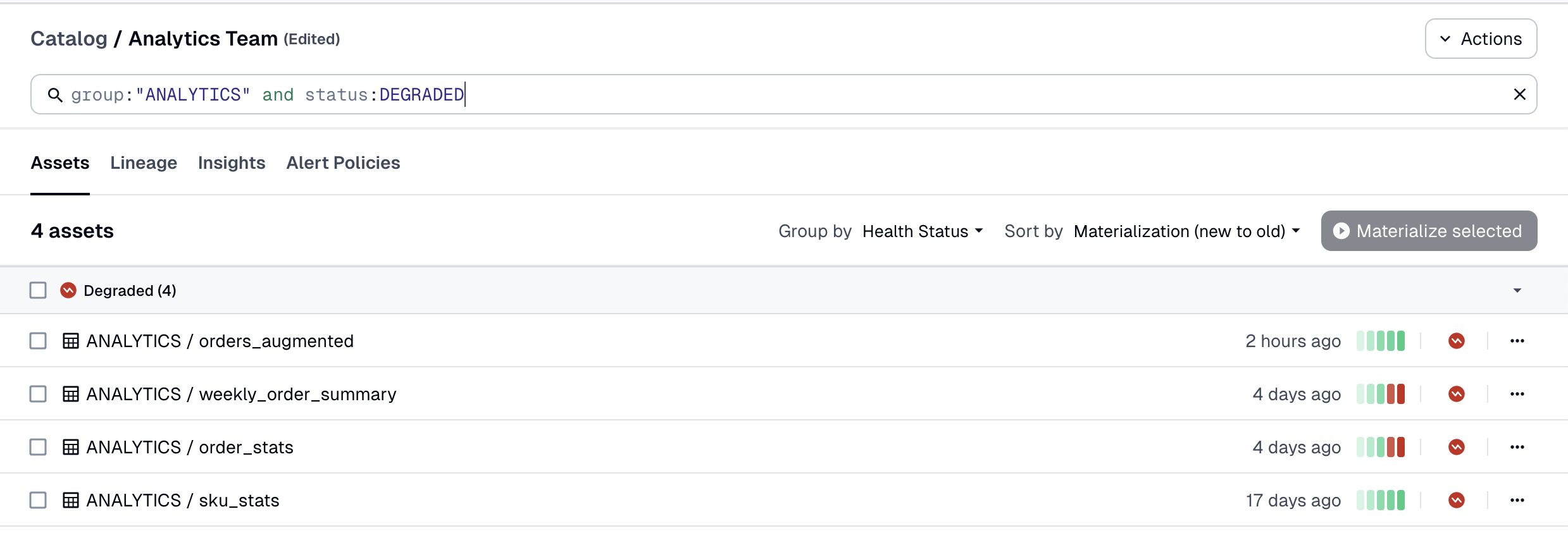 Analytics team saved selection with asset health status filter
